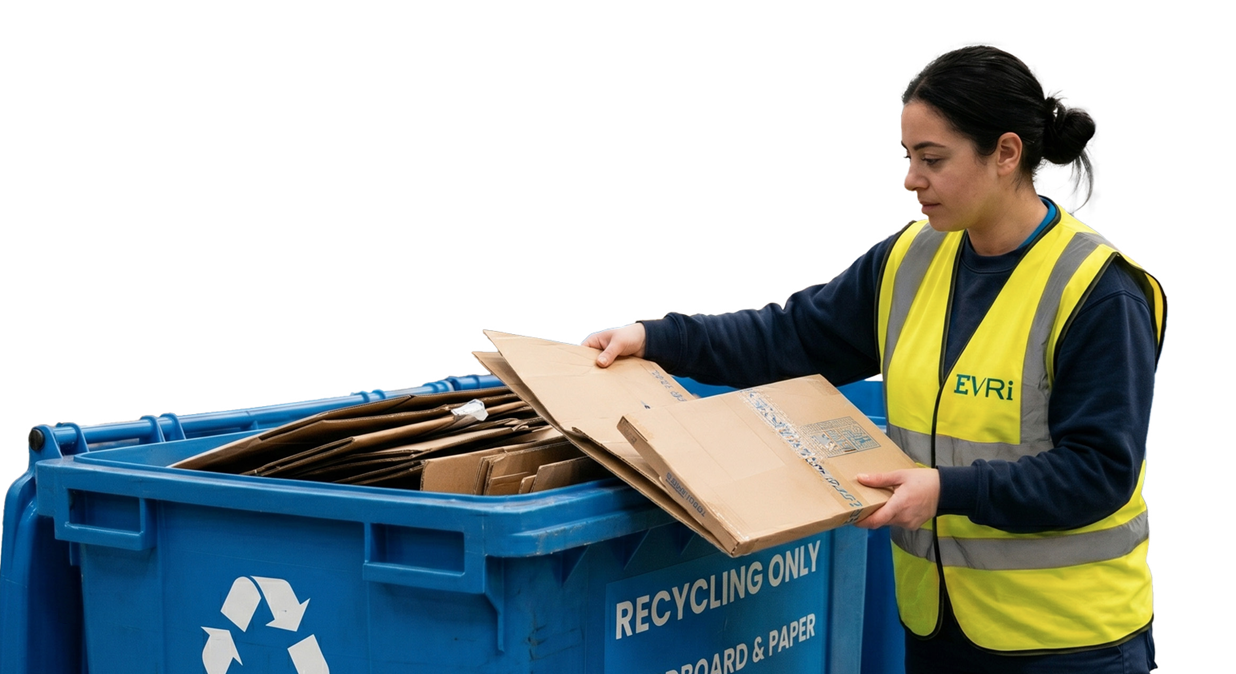 An Evri warehouse employee is sorting cardboard into a recycling bin
