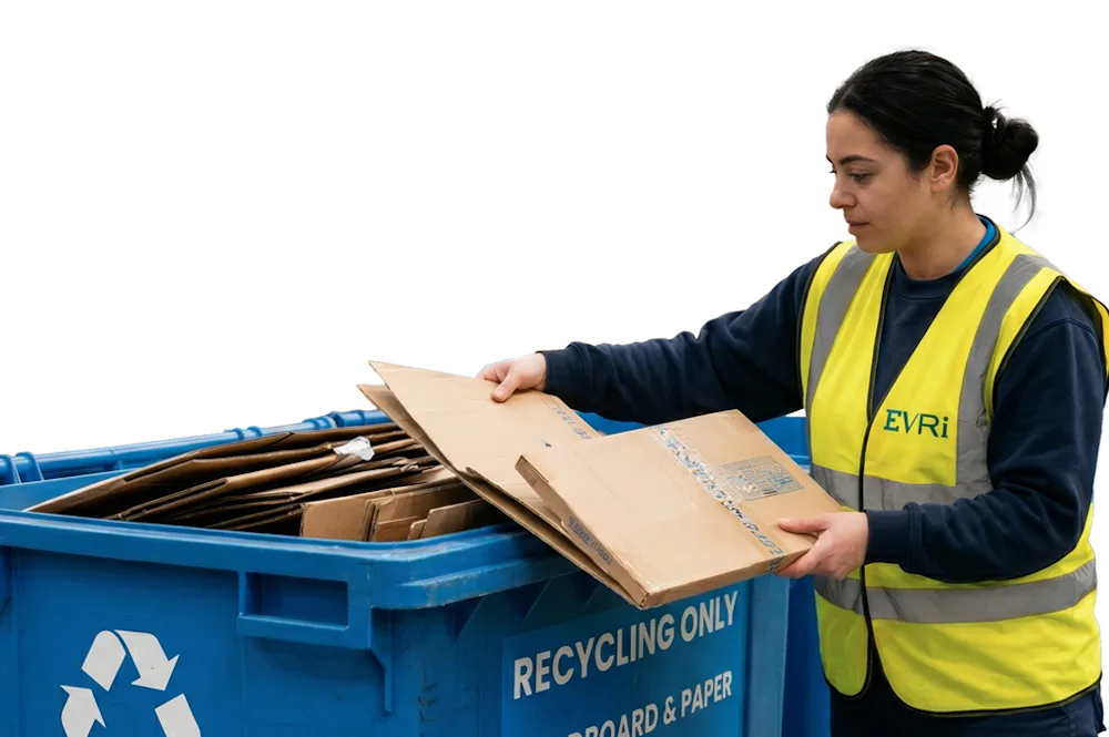 An Evri warehouse employee is sorting cardboard into a recycling bin