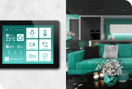Smart home security system with automation on a wall next to a modern stylish home furnished in green 