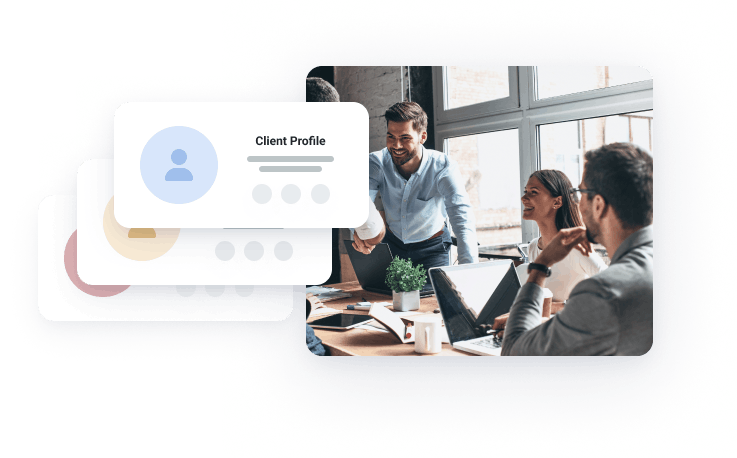 3 client profiles stacked on top of each other with a photo of a team shaking hands and laughing in the office