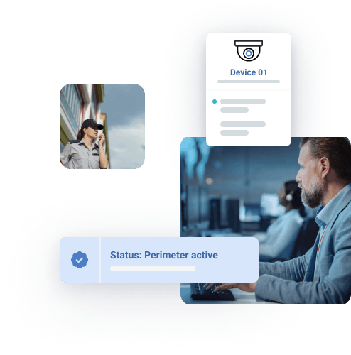 2 photos (female security guard with ponytail and base cap, male security operation center operator in blue setting) and text boxes symbolizing a device (surveillance camera) and the alarm status "perimeter active"