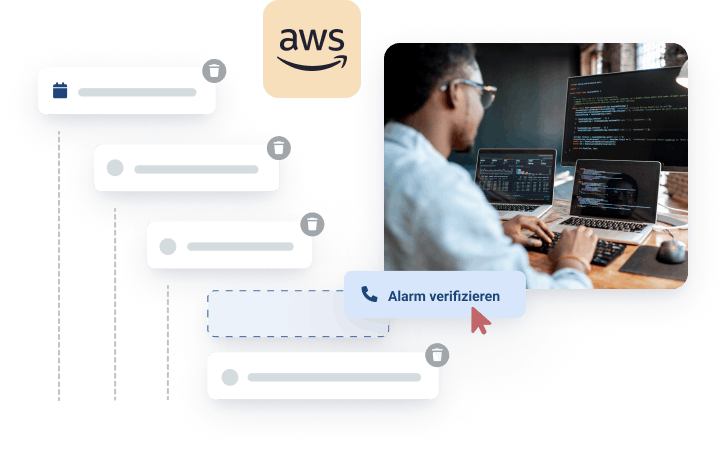 AWS-Logo und ein roter Mauszeiger, der einen Alarmmanagement-Workflow neben dem Foto eines Sicherheitsexperten darstellt, der an mehreren Bildschirmen arbeitet 