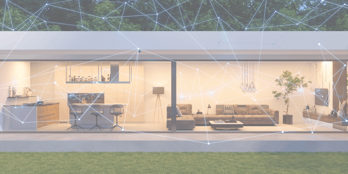 Modern bungalow with garden and smart home interwoven by an IoT web