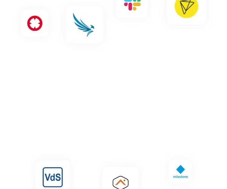 Logos of Baviloc, Eagle Eye Networks, Slack, pushed, VdS, Alarm.com, and Milestone