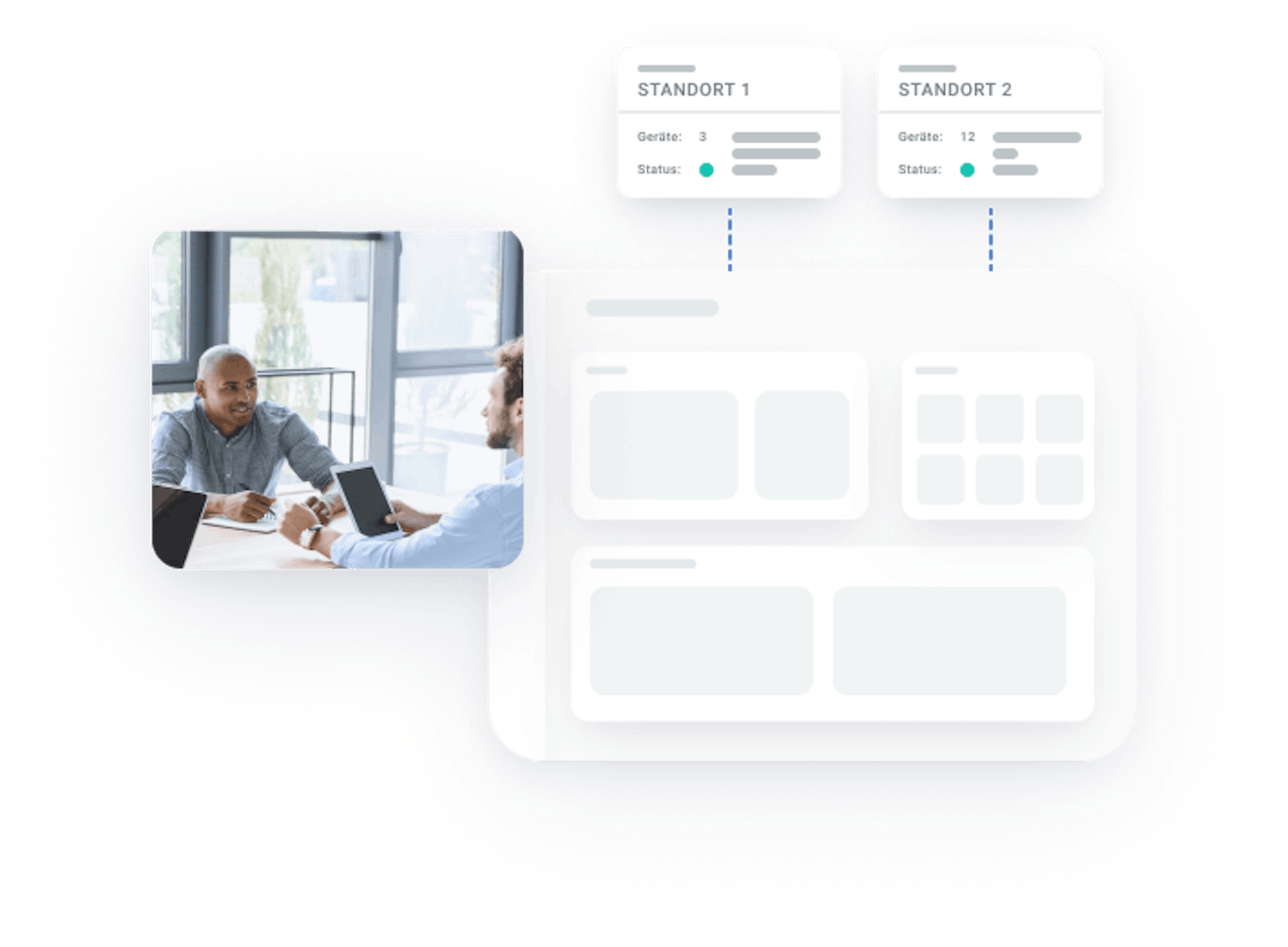 Foto von zwei Sicherheitsexperten im Gespräch, einer hält ein Tablet, der andere lächelt. Daneben ein transparentes Dashboard mit zwei Standorten, mit denen Geräte verbunden sind.