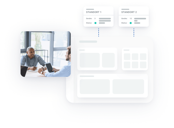 Foto von zwei Sicherheitsexperten im Gespräch, einer hält ein Tablet, der andere lächelt, daneben ein transparentes Dashboard mit zwei Standorten, mit denen Geräte verbunden sind