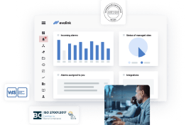 Screenshot of the evalink alarm management platform showing diagrams, certification logos (VdS, SQS, ISO), and a photo of an operator