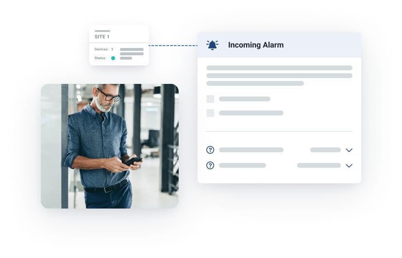 Combination of a photo of a middle-aged bearded businessman with glasses looking at a smartphone and a graphic showing an incoming alarm from a site