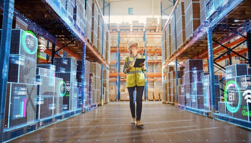 Female security officer checking the inventory in a warehouse with an iPad