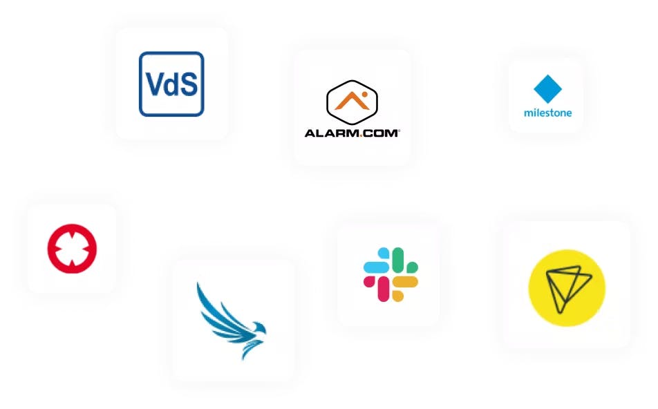 Logos of VdS, Alarm.com, Milestone, Baviloc, Eagle Eye Networks, Slack, and pushed