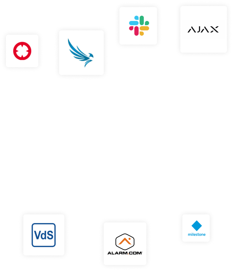 Logos of Baviloc, Eagle Eye Networks, Slack, ajax, VdS, Alarm.com, and Milestone