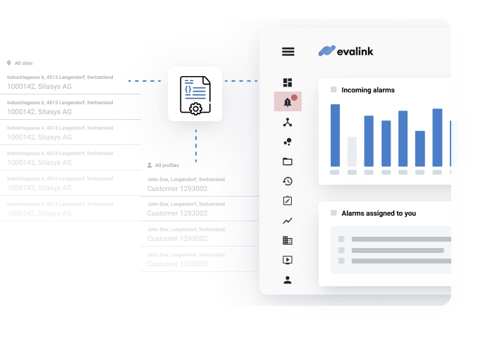 Infographic displaying evalink's ease of data migration using a platform screenshot and a sheet symbolizing customer data