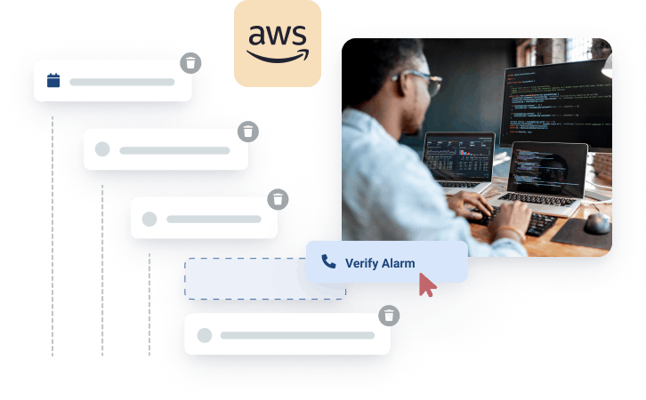 AWS-Logo und ein roter Mauszeiger, der einen Workflow des Alarmmanagements neben dem Foto eines Sicherheitsexperten darstellt, der an mehreren Bildschirmen arbeitet