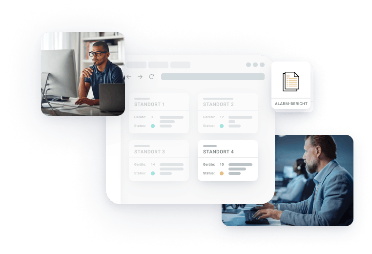 Zwei Fotos (eines von einem jungen Mann, der zu Hause an seinem Schreibtisch arbeitet, das andere von Mitarbeitenden in der Zentrale), verbunden durch eine Grafik, die vier verschiedene Standorte zeigt, mit denen Alarmmeldungen verknüpft sind 