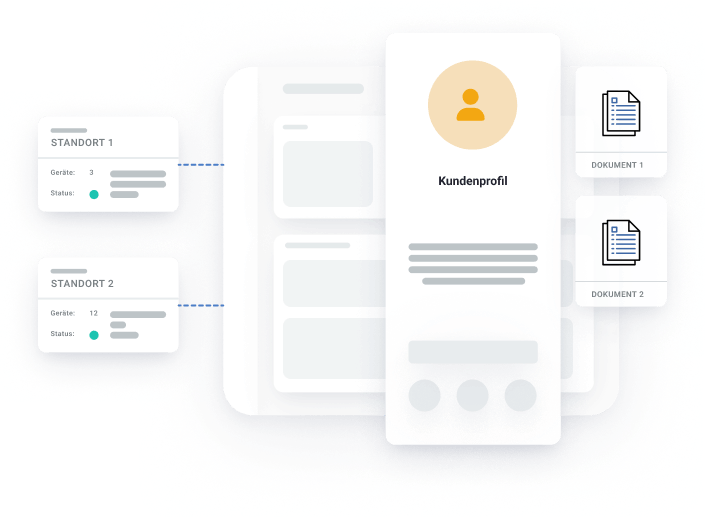 Grafik eines Kundenprofils, mit dem Standorte verbunden sind, sowie Icons von Dokumenten, die Kundendaten symbolisieren