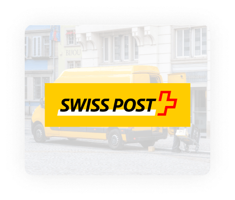 Swiss Post logo on semi-transparent background with Swiss Post truck