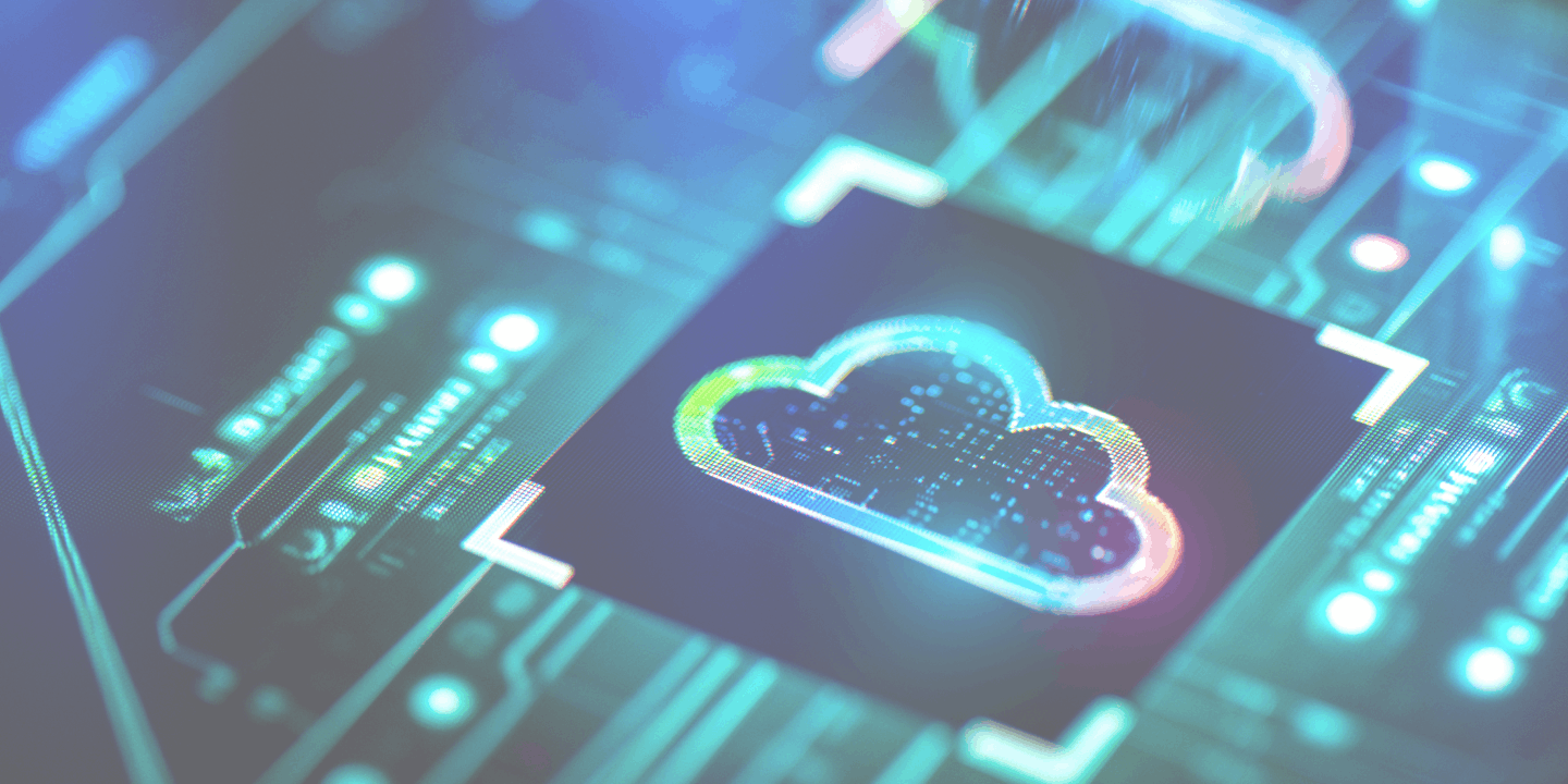 Colorful cloud computing concept digital cloud solution on PCB futuristic background