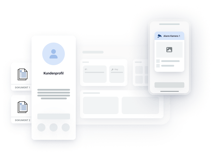 Kundenprofil mit zwei Symbolen für damit verbundene Dokumente und einem leeren Feld für eine Alarmkamera, dem ein Bild hinzugefügt werden kann 