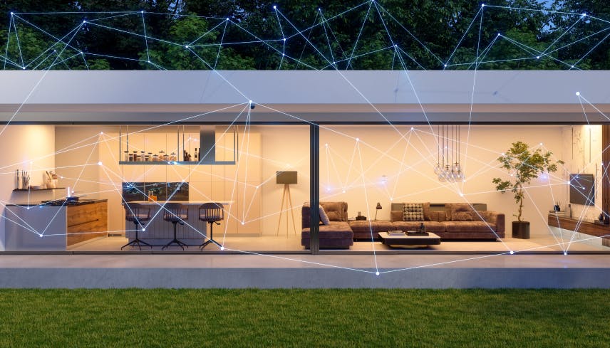 Modern bungalow with garden and smart home interwoven by an IoT web