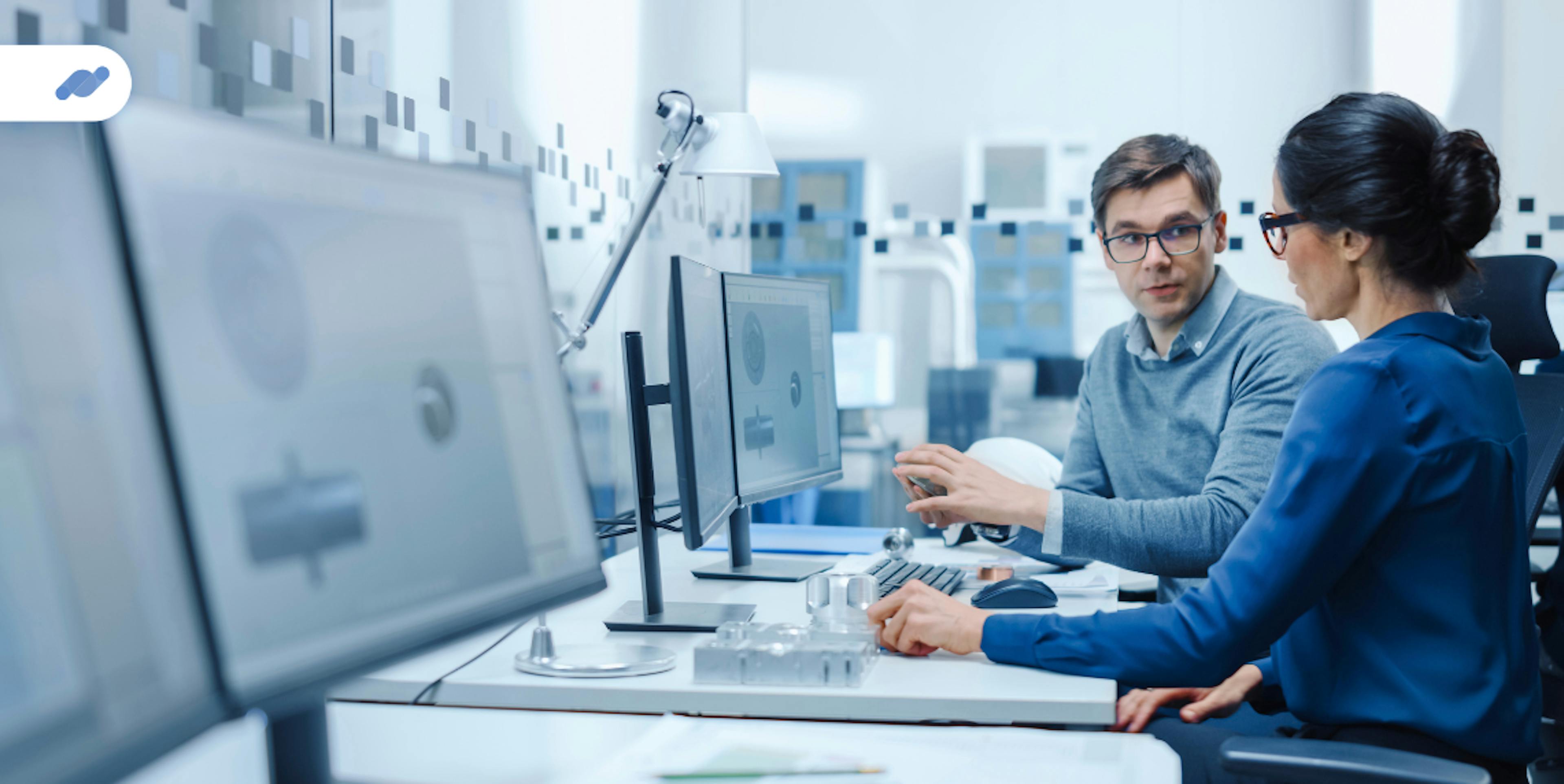 workers discussing in front of computer