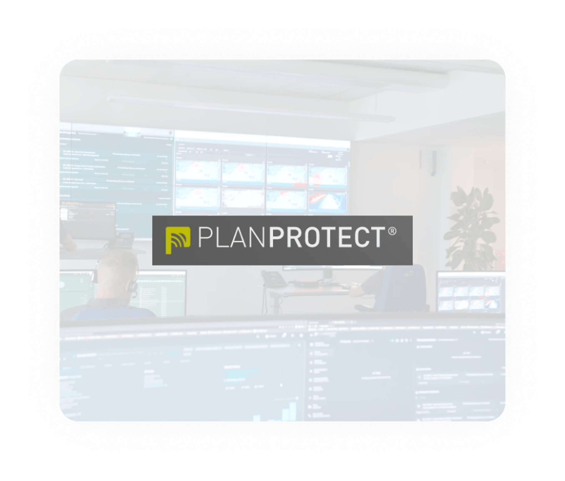 PLANPROTECT logo on semi-transparent background with representation of PLANPROTECT headquarters