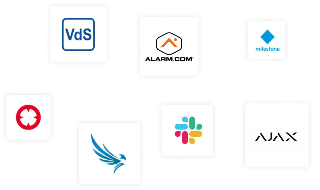 Logos of Baviloc, Eagle Eye Networks, Slack, ajax, VdS, Alarm.com, and Milestone