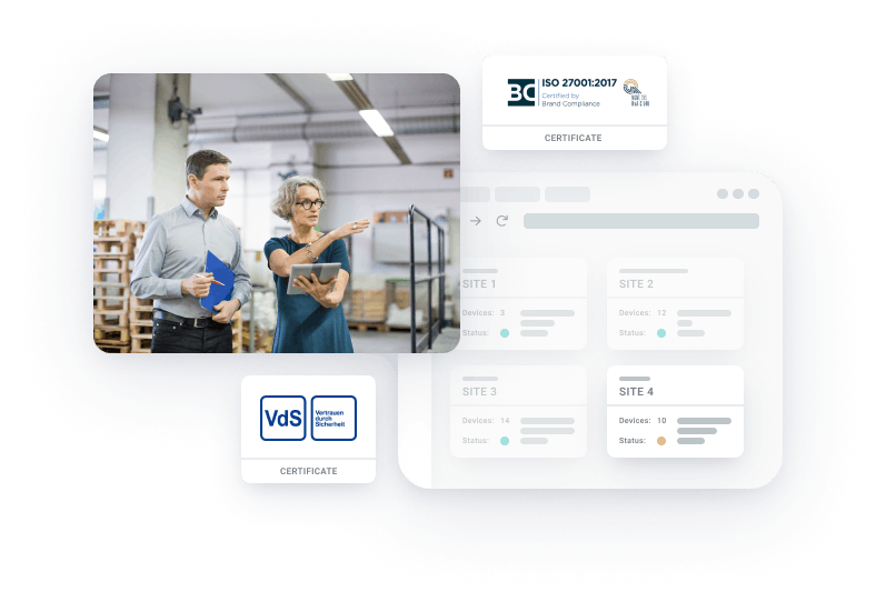 Photo of a businessman and a businesswoman gesturing at each other in a warehouse, with the VdS and Brand Compliance certification logos next to them and an overview of four sites open in evalink