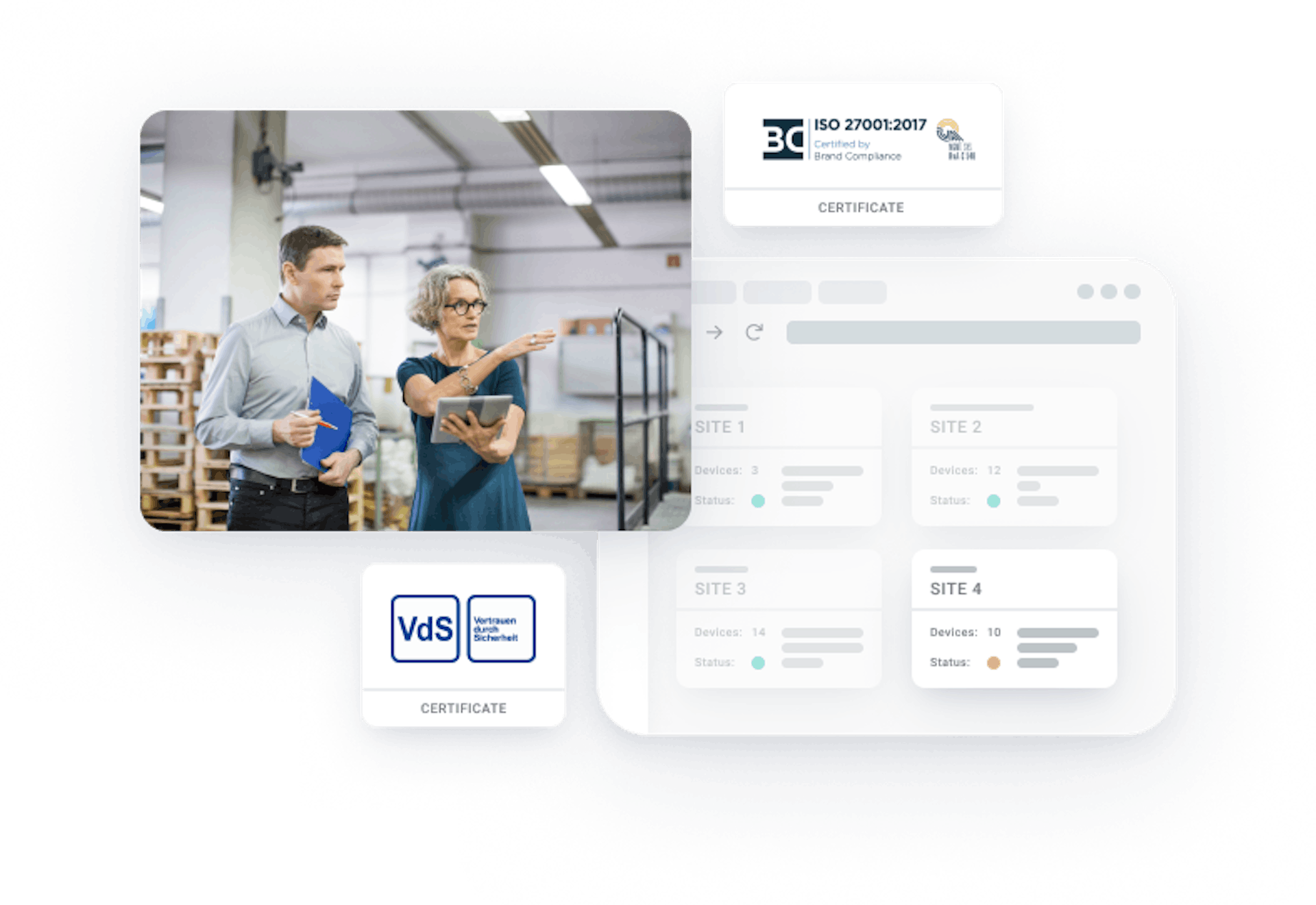 Photo of a businessman and a businesswoman gesturing at each other in a warehouse, with the VdS and Brand Compliance certification logos next to them and an overview of four sites open in evalink