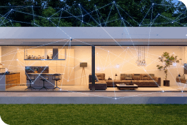 Modern bungalow with garden and smart home interwoven by an IoT web