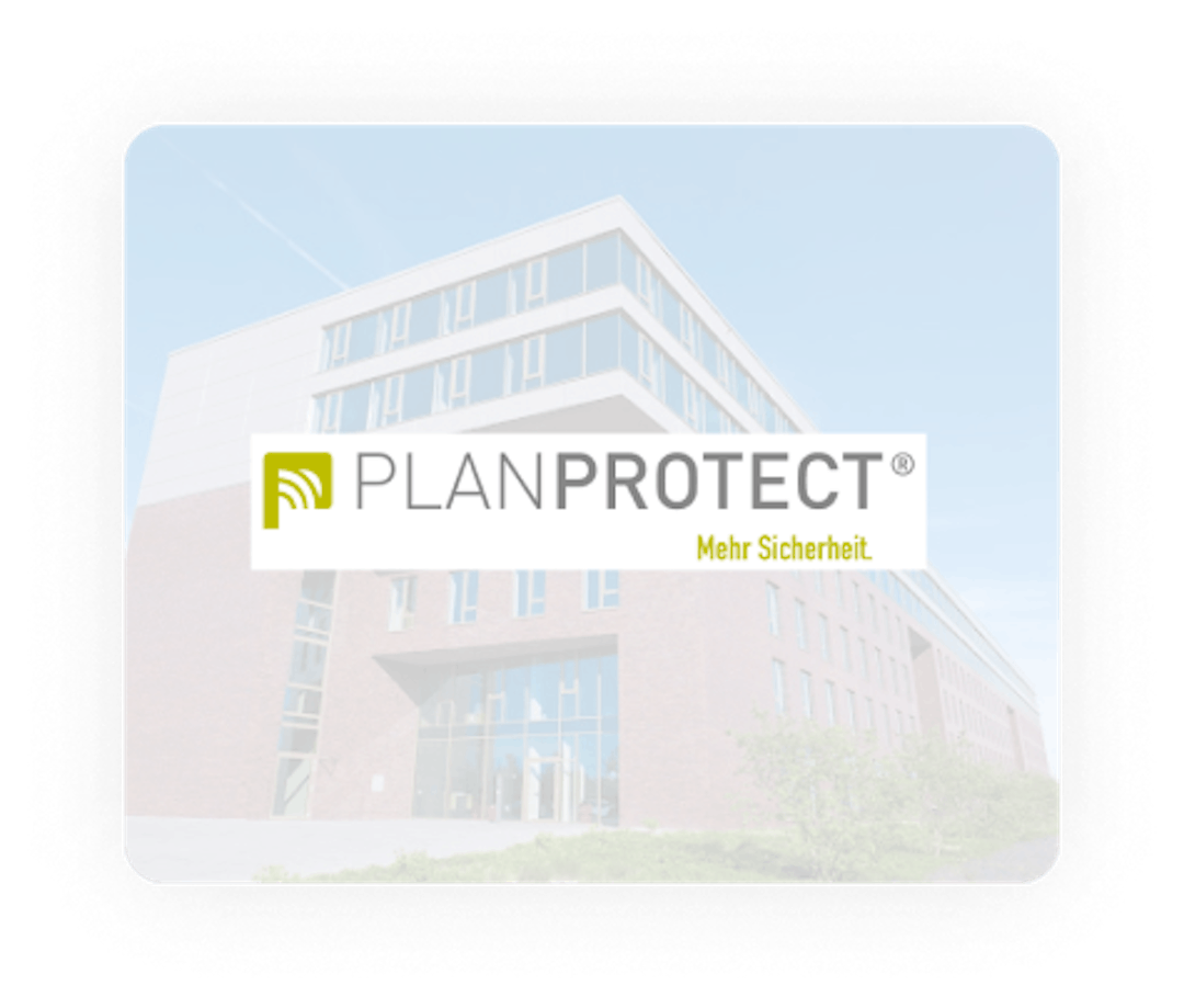 PLANPROTECT logo on semi-transparent background with representation of PLANPROTECT headquarters 