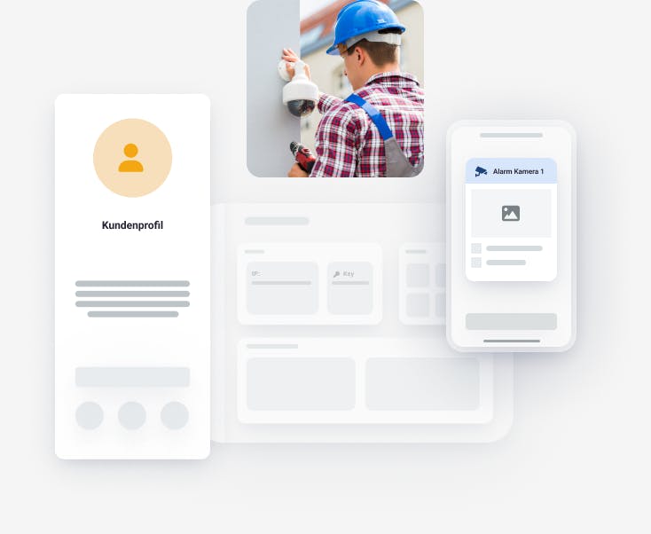 Infografik, bestehend aus einem Kundenprofil, einem Foto eines Sicherheitstechnikers, der eine Videoüberwachungskamera installiert, und einem Feld für eine Alarmkamera, dem ein Bild hinzugefügt werden kann. All dies zusammen stellt das evalink- Errichterportal dar.