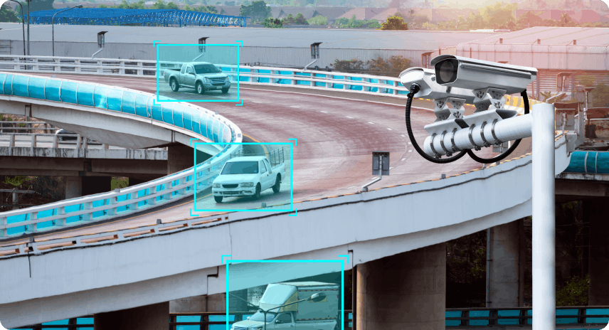 Video surveillance cameras recognizing cars on a city highway