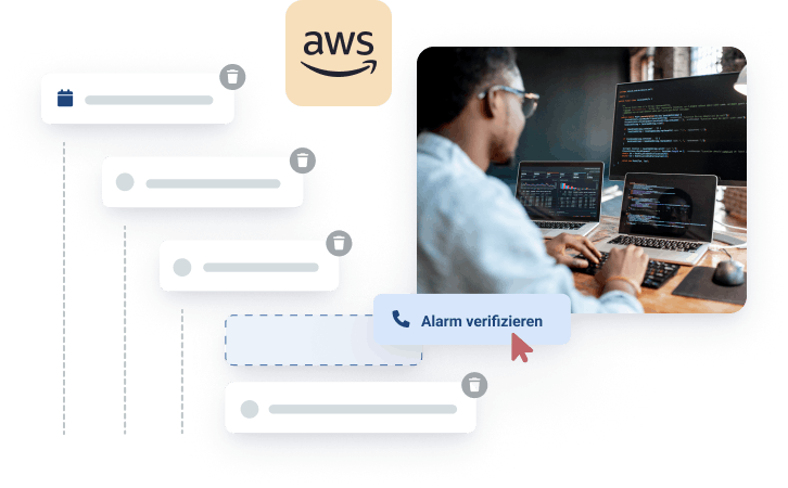 AWS-Logo und ein roter Mauszeiger, der einen Workflow des Alarmmanagements neben dem Foto eines Sicherheitsexperten darstellt, der an mehreren Bildschirmen arbeitet  