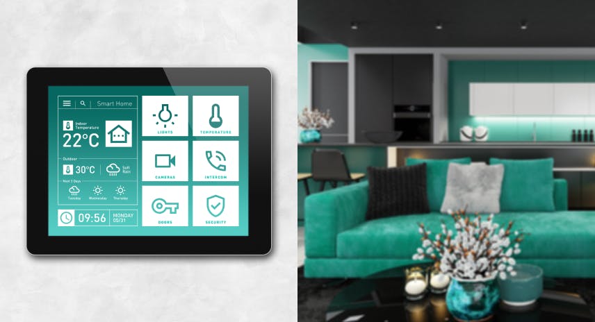 Smart home control device with security automation in a stylish furnished green cozy home
