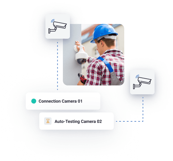 Photo of a security technician installing a modern surveillance camera with video surveillance icons and statuses connected to it