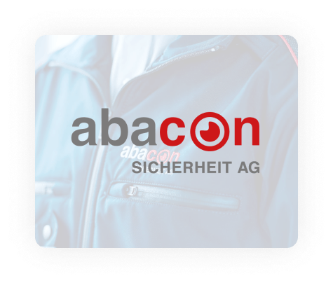 abacon Sicherheit AG logo on semi-transparent background with a close-up of an abacon jacket