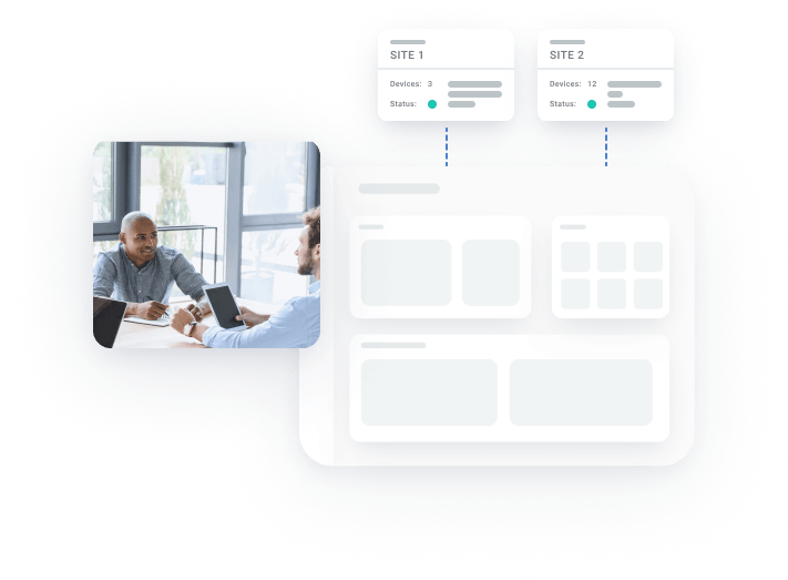 Photo of two security experts talking, one holding a tablet, the other smiling, next to them a transparent dashboard with 2 sites to which devices are connected
