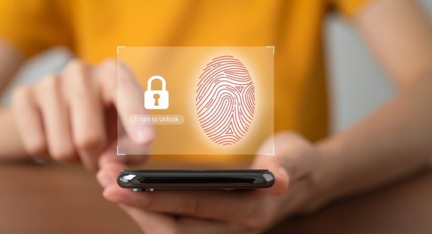 Hand using smartphone and press scan fingerprints to confirm your login, private data and prevent identity 