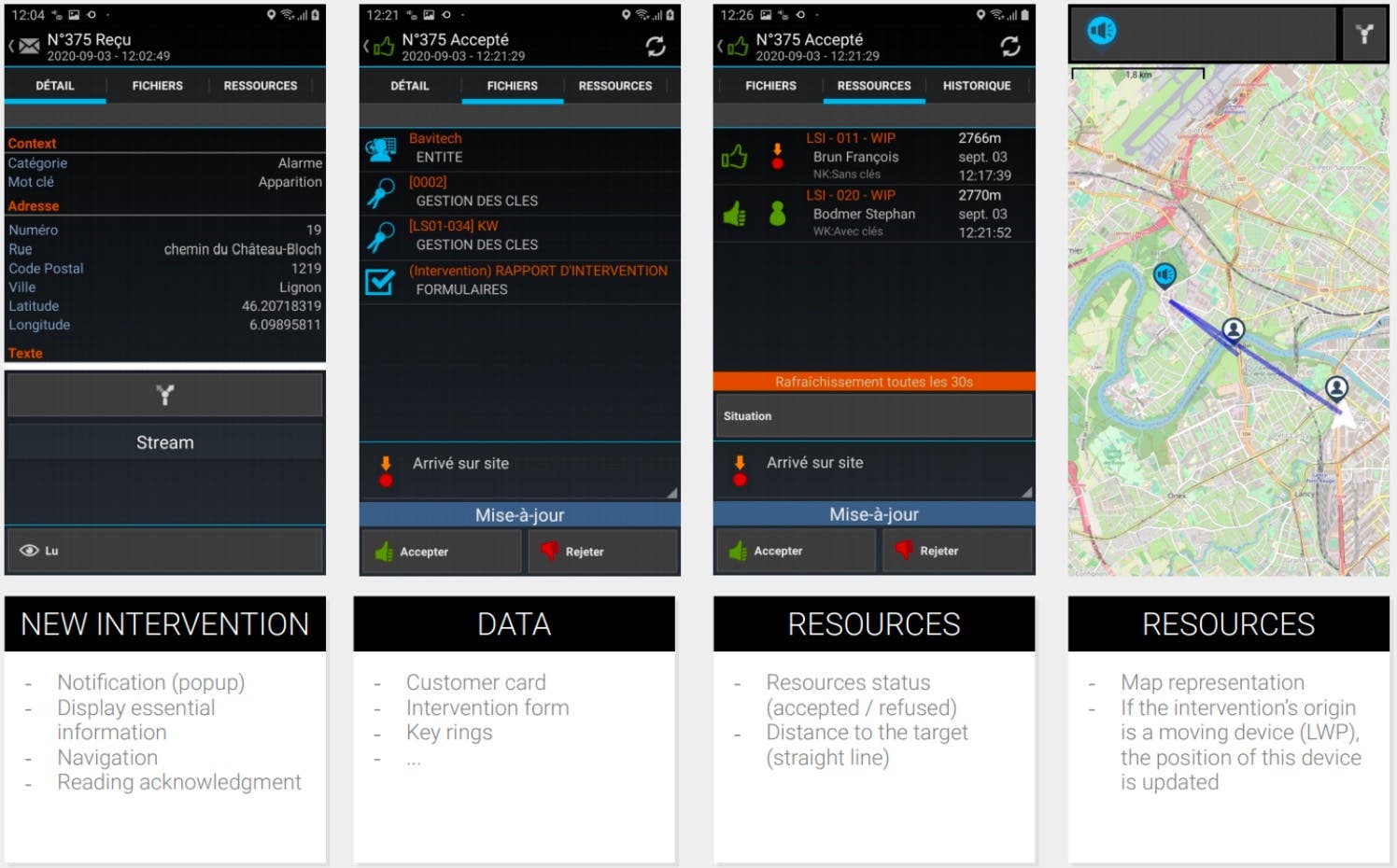Screenshots of the Baviloc integration that allows to manage alarms and events from evalink
