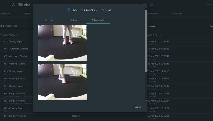 Screenshot of Ajax video camera footage in evalink alarm management platform 