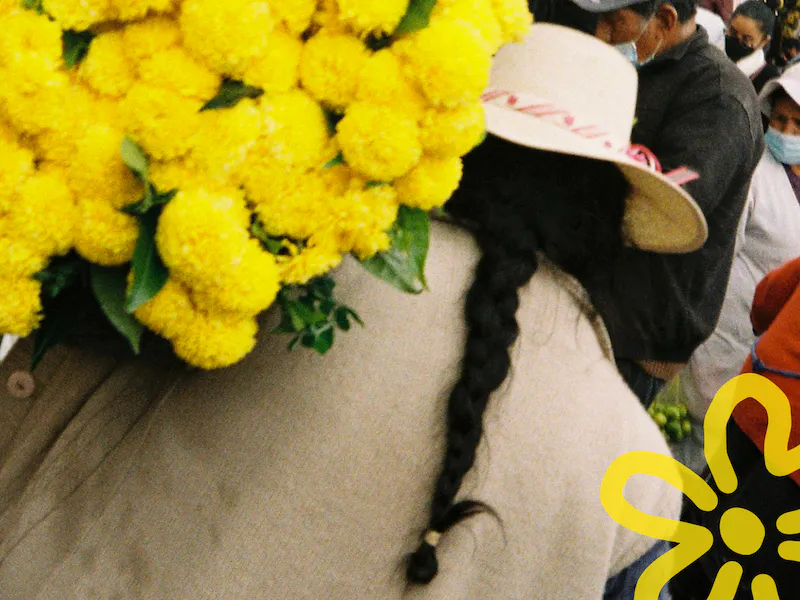 Una mujer llevando flores de color amarillo intenso en Perú