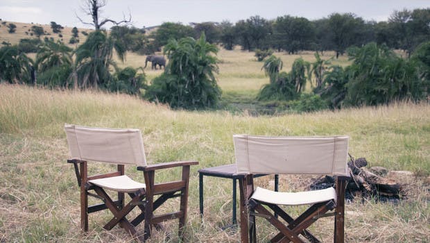 Un campement face à la savane avec un éléphant marchant au loin