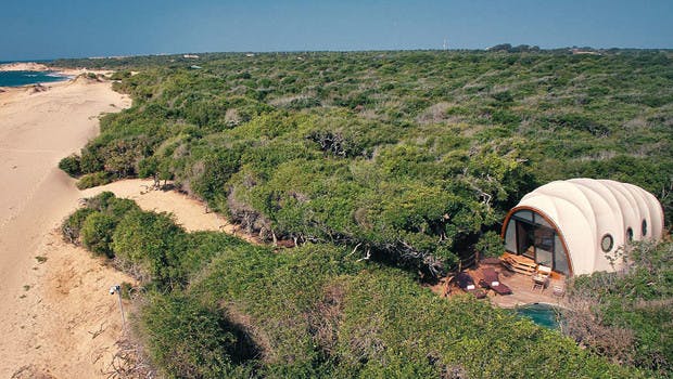 Une tente avec piscine privée dans la verdure en bord de plage