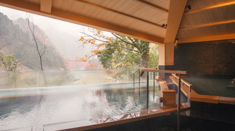 Onsen japonais avec vue sur une vallée