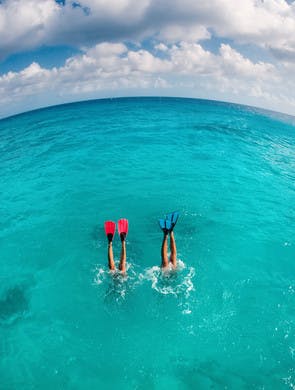 Couple de plongeurs dont les jambes dépassent de l'eau turquoise