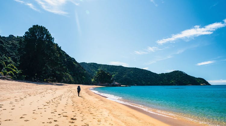 Randonneur sur une plage du parc Abel Tasman en Nouvelle-Zélande