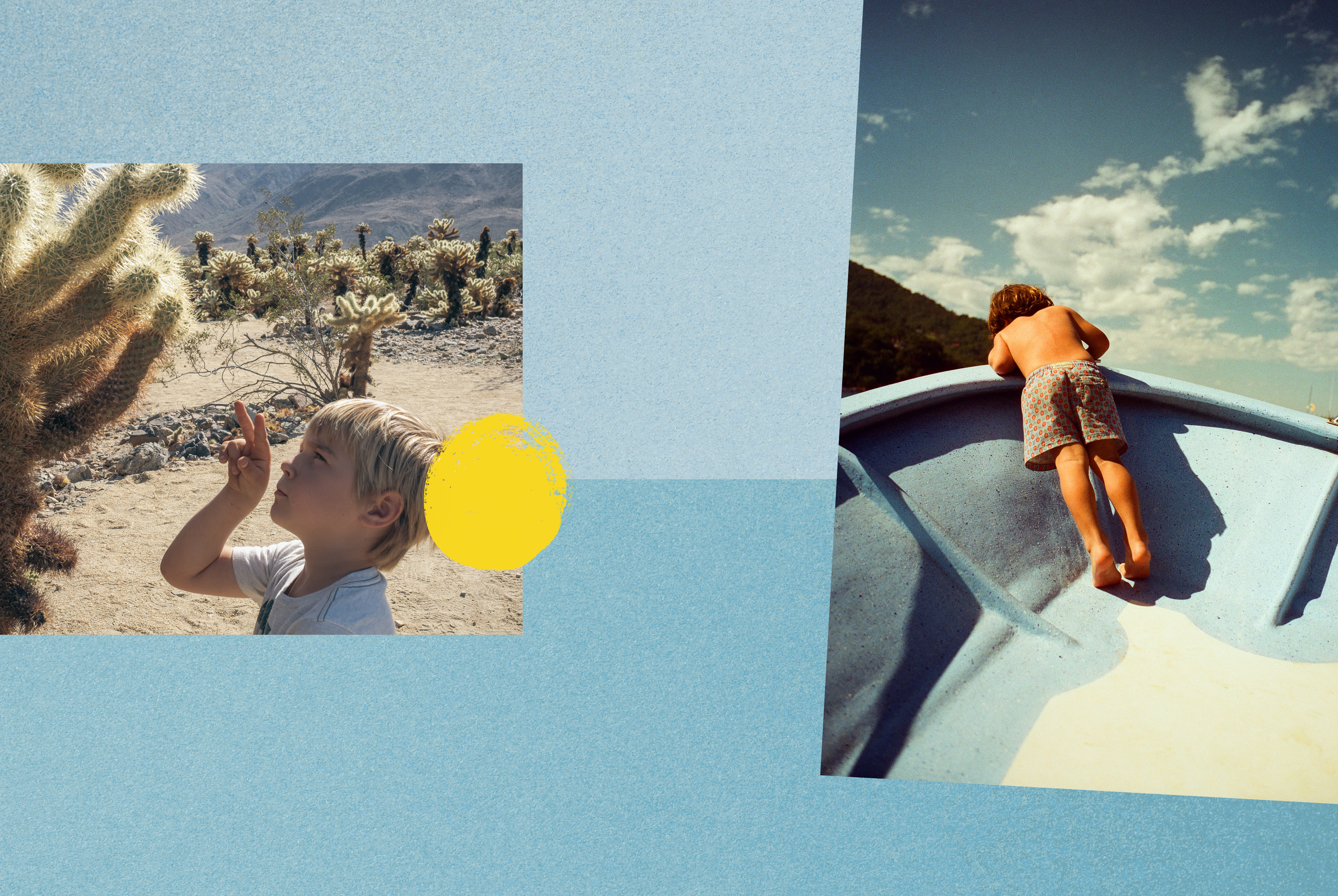 Enfant faisant face à un cactus et un enfant dans un bateau qui observe dans l'eau