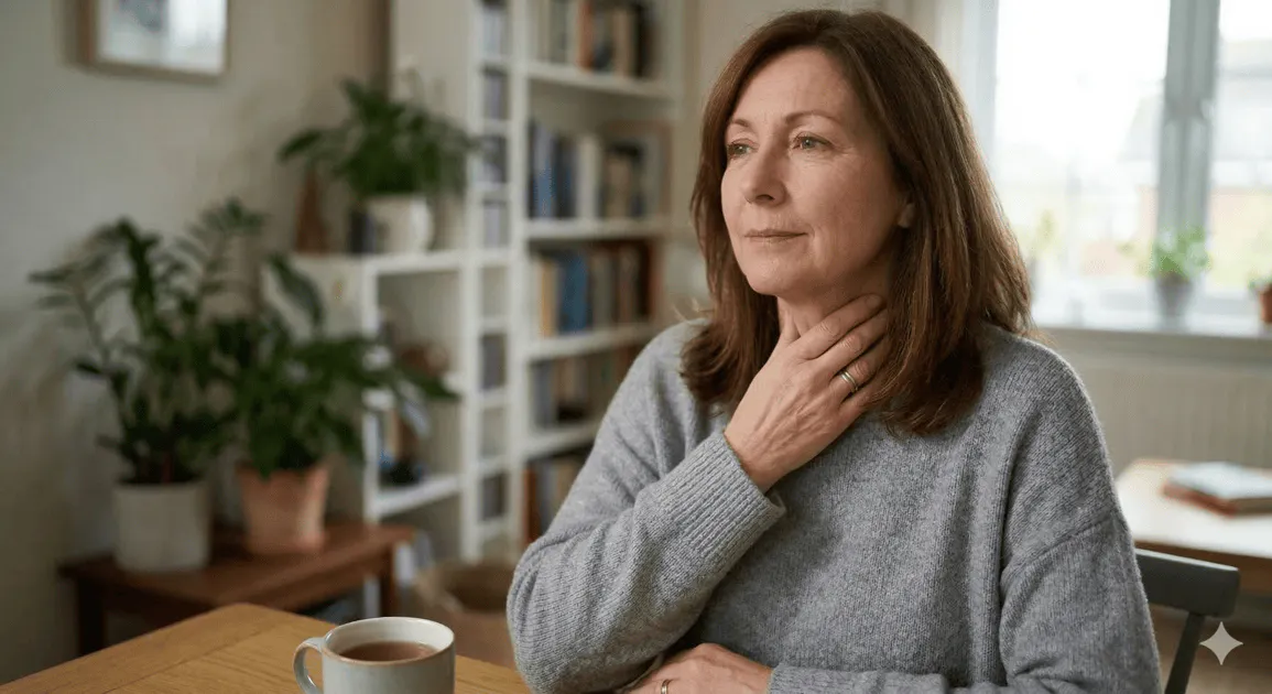 Eine Frau mit einem gelassenen Gesichtsausdruck, die ihren eigenen Hals berührt.
