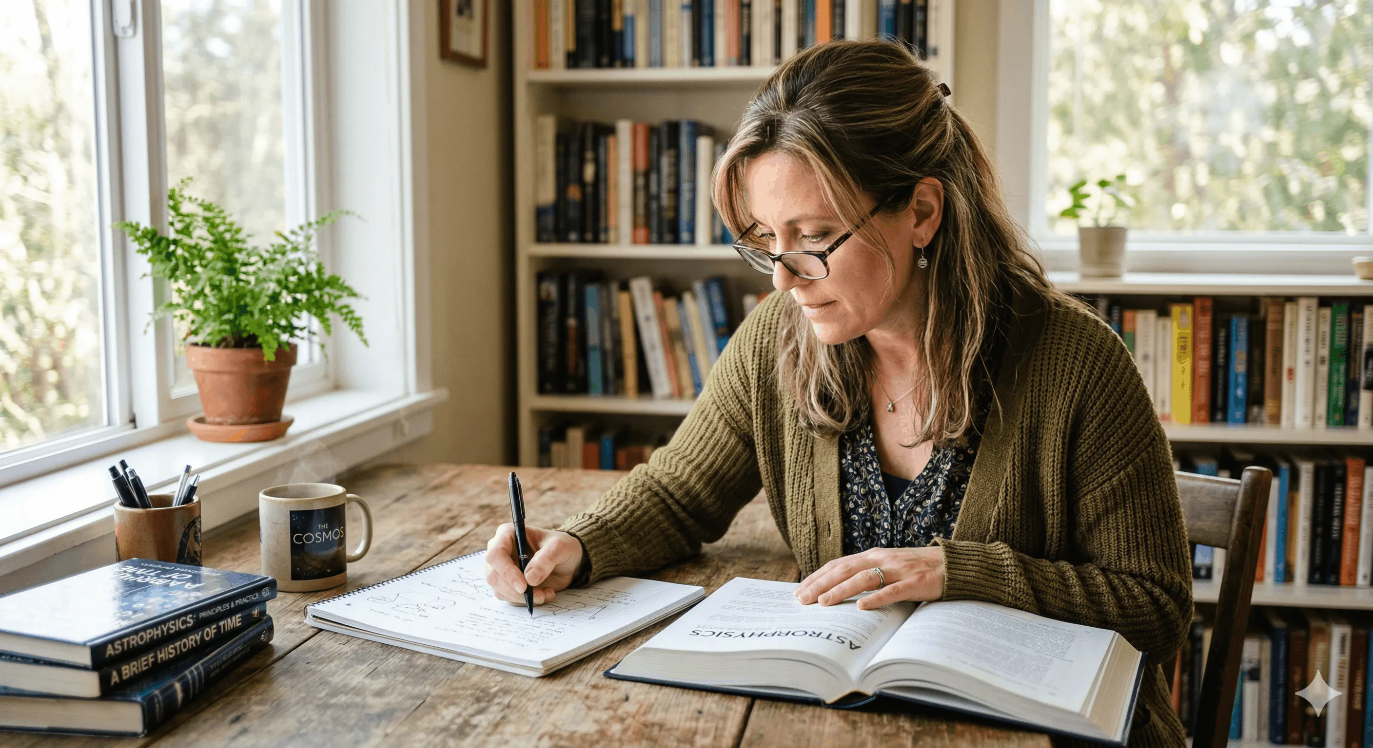 Konzentrierte Frau beim Studium wissenschaftlicher Fachliteratur am Schreibtisch – Symbol für kognitive Fitness und Gehirngesundheit in den Wechseljahren