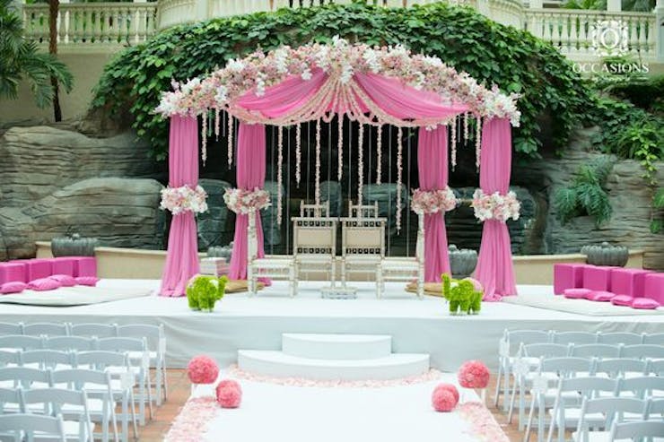 white and pink wedding mandap decoration